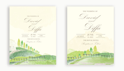vintage wedding invitation with scenery theme and watercolor elements