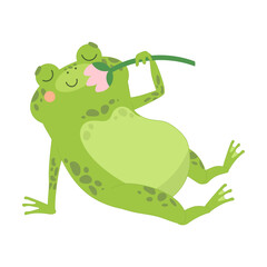 cute colorful frog lies and sniffs fragrant flower, cartoon vector illustration. Funny green drawing toad on white background. Animal, wildlife, nature