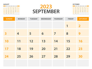 Calendar 2023 template-September 2023 year, monthly planner, Desk Calendar 2023 template, Wall calendar design, Week Start On Sunday, Stationery, printing, office organizer vector, orange background