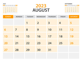 Calendar 2023 template-August 2023 year, monthly planner, Desk Calendar 2023 template, Wall calendar design, Week Start On Sunday, Stationery, printing, office organizer vector, orange background