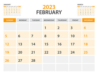 Calendar 2023 template-February 2023 year, monthly planner, Desk Calendar 2023 template, Wall calendar design, Week Start On Sunday, Stationery, printing, office organizer vector, orange background