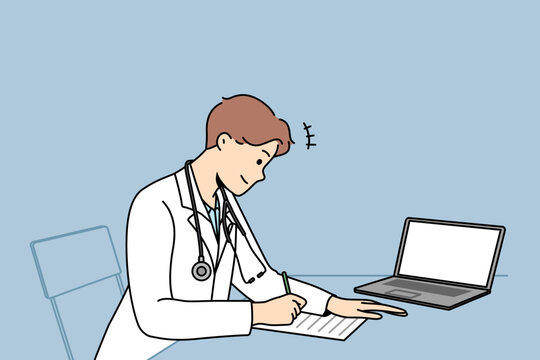 Male doctor sit at desk in hospital work on laptop write prescription to patient. Modern man GP in clinic handwrite in medical journal. Medicine. Vector illustration. 