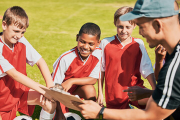 Soccer, children and coach with clipboard talking game plan, team training and formation on soccer field outdoor for fitness, competition and sport. Man talking to junior football group planning game - obrazy, fototapety, plakaty