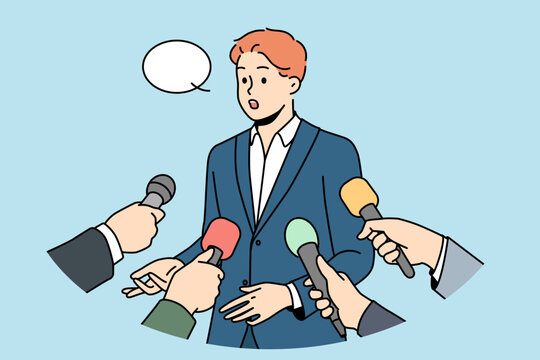 Male politician with speech bubble above head give interview to reporters with microphones. Man in suit speak with journalists with mic. Vector illustration. 