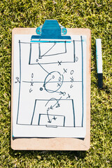 Sports, soccer field and clipboard planning a strategy for a group mission, target or tactics for...