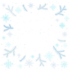 Winter background with Christmas tree branches, snow and snowflakes for instagram post, greeting cards, banners, posters, isolated vector illustration