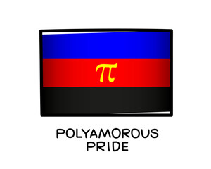 Flag of polyamorous pride. A colorful logo of one of the LGBT flags. Blue, red and black brush strokes drawn by hand. Black outline.