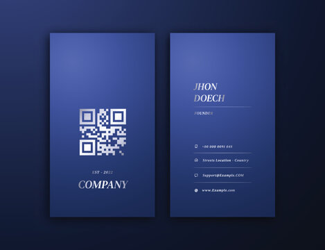 Elegant Stylish Vertical Business Card Template, Dark Blue and Silver Metalic