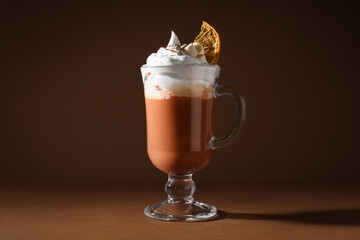 Concept of sweet drink, tasty cocoa drink with marshmallow
