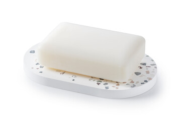 Fototapeta na wymiar Solid soap and soap dish placed against a white background.