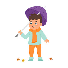 Cute cartoon children with an umbrella in autumn flat vector illustration. Little kid in warm clothes isolated on white background