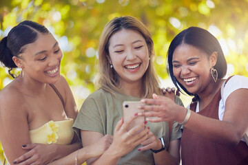 Smartphone, park and women friends with funny social media update, reading blog or networking for...