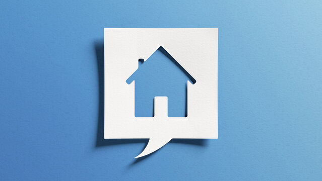 House symbol for real estate and housing concepts, buy or sell home, become homeowner, mortgage, maintenance, repair, refurbish, investment, property market. Cutout paper on blue background.