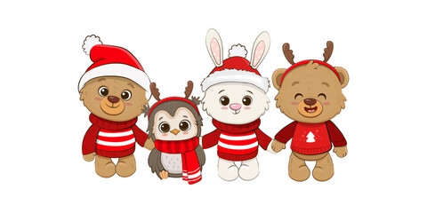 Cute cartoon animals Isolated on white. Christmas  Illustration for design, banners, children's books and patterns.Teddy Bear,owl,rabbit,cute bunny.Vector