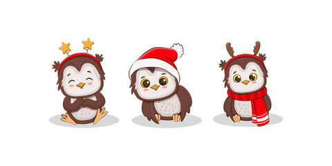 set of cute cartoon owl in santa hat.Owlet for your design of Christmas and New Year cards, banners, invitations.