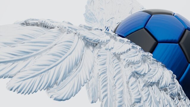 Black-blue soccer ball with the metallic silver wings under blue-white background. 3D CG. 3D illustration. 3D high quality rendering.