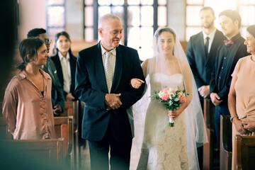 Love, wedding and church bride with father walking in aisle for ceremony with friends, family and...