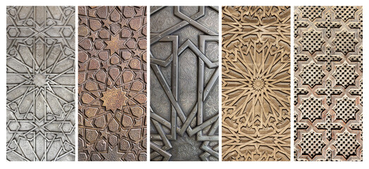 Set of vertical or horizontal banners with traditional islamic ornament on wooden and metal doors....