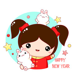 Fototapeta premium Cute little girl with two bunnies. Inscription Happy new year. Square holiday card, Gift tag, card, badge, sticker with baby friends - girl and rabbits. Vector illustration EPS8