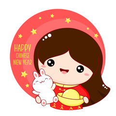 Cute little girl with bunny and gold ingot. Inscription Happy chinese new year.  Square holiday card, Gift tag, card, badge, sticker with baby friends - girl and rabbit