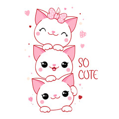 Square card with cute kittens. Three little white cats and pink hearts.  Inscription So cute. Can be used for greeting card, t-shirt print, stickers. Vector illustration EPS8