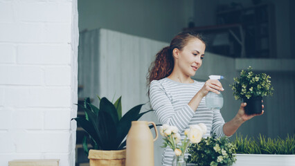 Cheerful housewife is watering green plants using sprayer holding flowerpots and smiling standing...