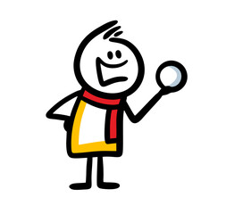 Funny figure of stickman in winter clothes with snowball in hand.
