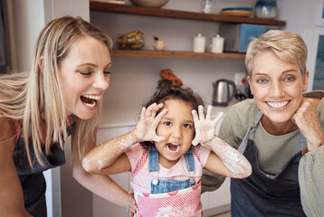 Happy, mother and grandmother with child baker hands in playful joy or funny laughter with smile for bonding at home. Mama, grandma and kid baking together for fun family time activity in the kitchen