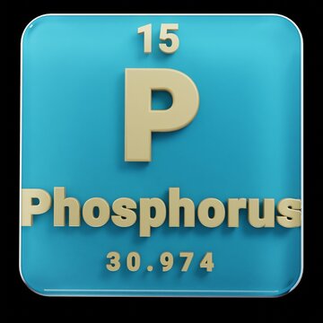 Beautiful abstract illustrations Standing black and red Phosphorus  element of the periodic table. Modern design with golden elements, 3d rendering illustration. Blue gray background.