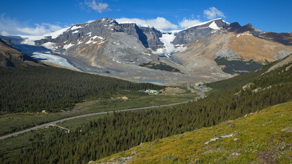 Fototapeta na wymiar View of Icefields Parkway and Columbia Icefields Centre from hiking track to Wilcox Pass in Jasper National Park,Alberta,Canada,North America 