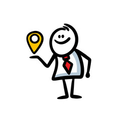 Doodle illustration of office worker with geographical label in hand.