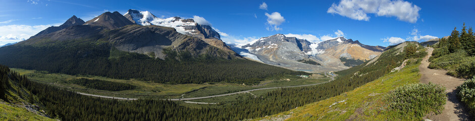 View of Icefields Parkway and Columbia Icefields Centre from hiking track to Wilcox Pass in Jasper National Park,Alberta,Canada,North America
