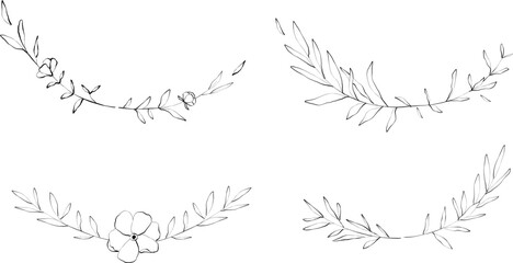 Set of delicate ink floral wreaths with flowers, branch and leaves. Elegant logo template. Vector illustration for labels, branding business identity, wedding invitation.