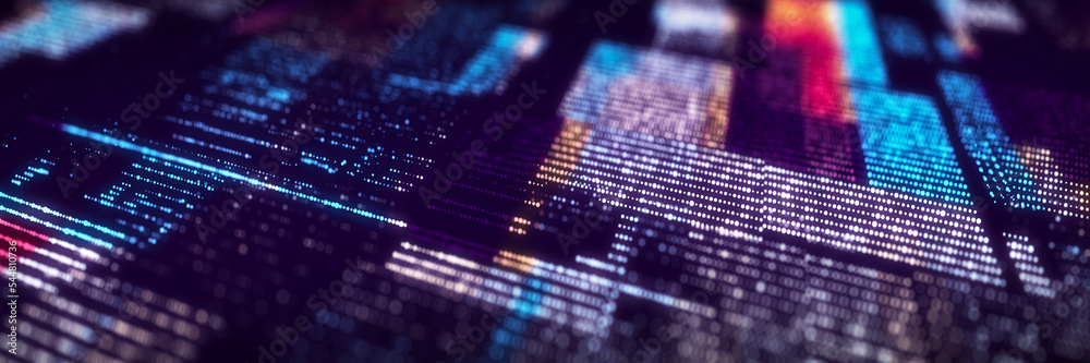 Poster Futuristic circuit board concept. Progressive IT technologies. Digital data flow concept. Big data visualization. 3d rendering.