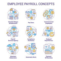 Employee payroll concept icons set. Worker salary for job. Compensation idea thin line color illustrations. Isolated symbols. Editable stroke. Roboto-Medium, Myriad Pro-Bold fonts used