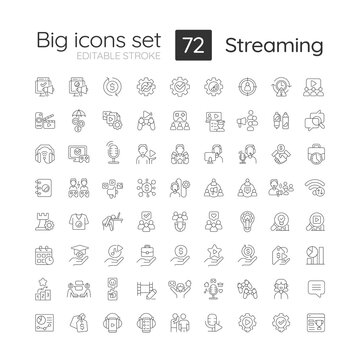 Live streaming linear big icons set. Professional online streamer. Video broadcasting. Digital entertainment. Customizable thin line symbols. Isolated vector outline illustrations. Editable stroke