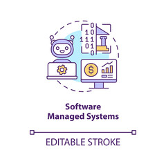 Software managed systems concept icon. Payrolls processing automation abstract idea thin line illustration. Isolated outline drawing. Editable stroke. Arial, Myriad Pro-Bold fonts used