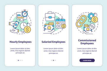 Fototapeta premium Payroll processing methods onboarding mobile app screen. Wage walkthrough 3 steps editable graphic instructions with linear concepts. UI, UX, GUI template. Myriad Pro-Bold, Regular fonts used