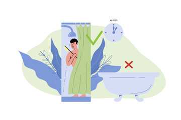 Man is reducing usage of water by showering short time. Sustainable lifestyle. Flat vector illustration.