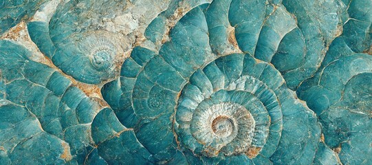 Elaborate and unique calcified aquamarine blue ammonite sea shell spirals embedded into rock. Prehistoric fossilized detailed rough grunge texture and surface patterns.