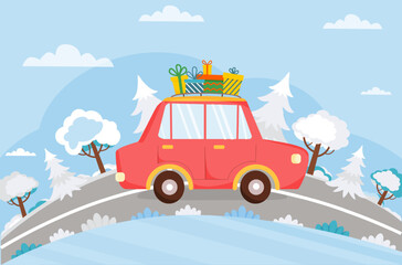 Red car with Christmas gifts is driving on the road. Winter background with auto, road, trees, fir trees. Christmas, New Year, winter holiday. Vector illustration in flat stylle.