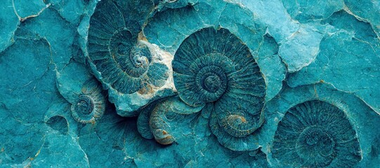 Elaborate and unique calcified aquamarine blue ammonite sea shell spirals embedded into rock. Prehistoric fossilized detailed rough grunge texture and surface patterns.