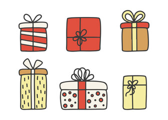Gift box for Christmas, birthday or holiday, doodle sketch line drawing. Present box, wrapped package with ribbon bow. Surprise on party and celebration. Vector hand draw illustration
