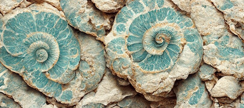Elaborate and unique calcified aquamarine blue ammonite sea shell spirals embedded into rock. Prehistoric fossilized detailed rough grunge texture and surface patterns.