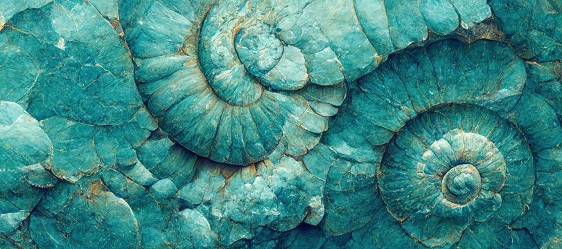 Elaborate and unique calcified aquamarine blue ammonite sea shell spirals embedded into rock. Prehistoric fossilized detailed rough grunge texture and surface patterns.