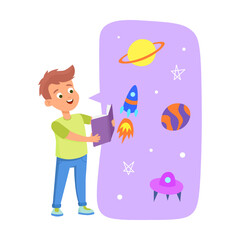 boy reading book about space travel. Vector illustration of cute girl and boy with magic dreams. Cartoon amazed children isolated on white