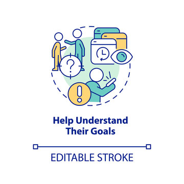 Understand goals concept icon. Media overload. Help kids to stop doomscrolling tip abstract idea thin line illustration. Isolated outline drawing. Editable stroke. Arial, Myriad Pro-Bold fonts used