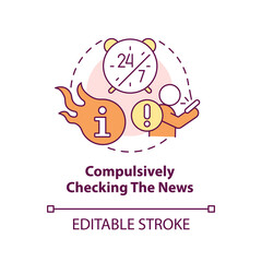 Compulsively checking news concept icon. Problematic information consumption abstract idea thin line illustration. Isolated outline drawing. Editable stroke. Arial, Myriad Pro-Bold fonts used