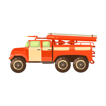 red fire truck. Firefighter, firefighting equipment cartoon illustration. Fire lorry, Emergency department, rescue, shovel, isolated on white background