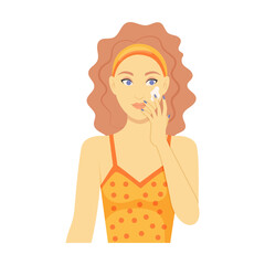 Cartoon girl redhead with long hair doing skincare routine vector illustration. Female character using natural products against acne on face, anti wrinkle cosmetic
